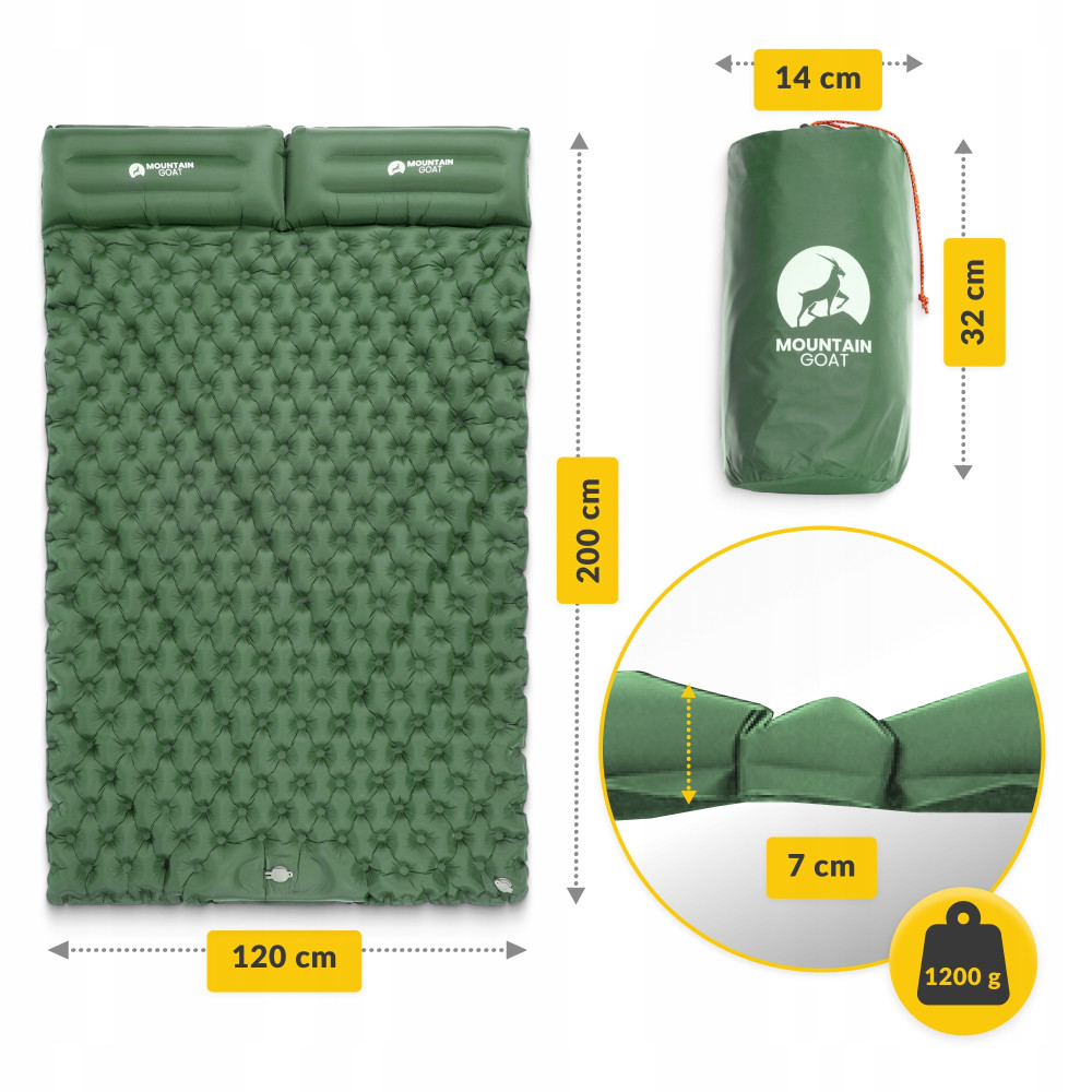 Килимок (каремат) надувний Mountain Goat 200 x 120 x 7 см двомісний з вбудованим насосом Navy Green (P-5905973403573)