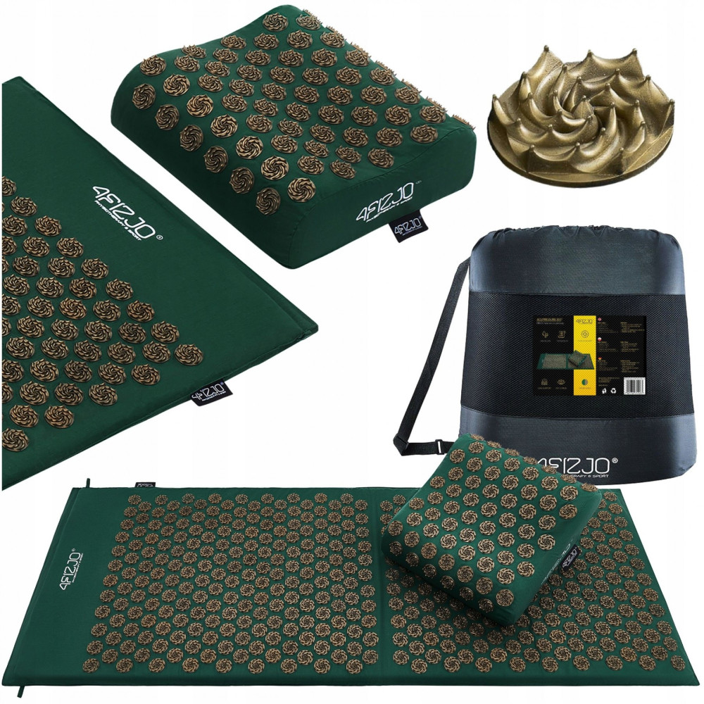 Килимок акупунктурний 4FIZJO Eco Mat XL Аплікатор Кузнєцова з подушкою 110 x 42 см 4FJ0385 Navi Green/Gold (P-5907739315083)
