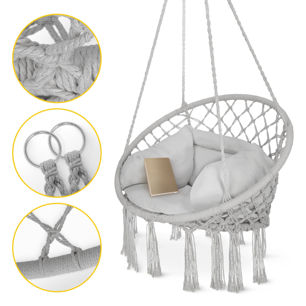 Кресло-качалка 4FIZJO Boho Dream 80 см с подушкой, подвесная, плетеная Grey (P-5905973404532)