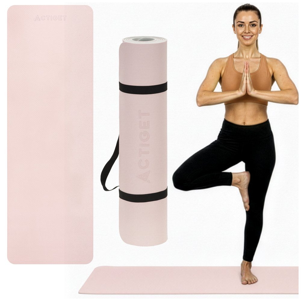 Килимок спортивний Actiget TPE 183 x 61 x 0.6 см для йоги та фітнесу ACT0023 Pink/Grey