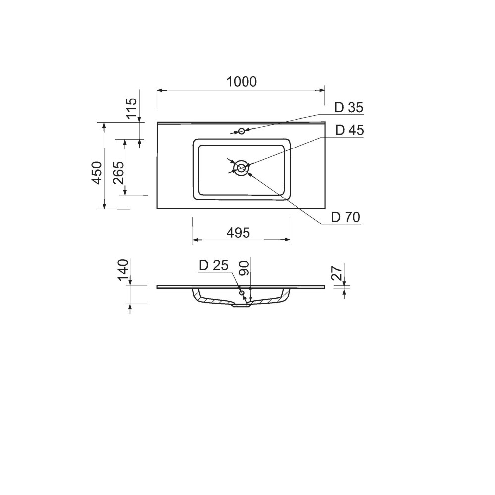 Раковина накладна Adamant FLATE 100, прямокутна, з сифоном Click-Clack + змішувач (4824296207601)
