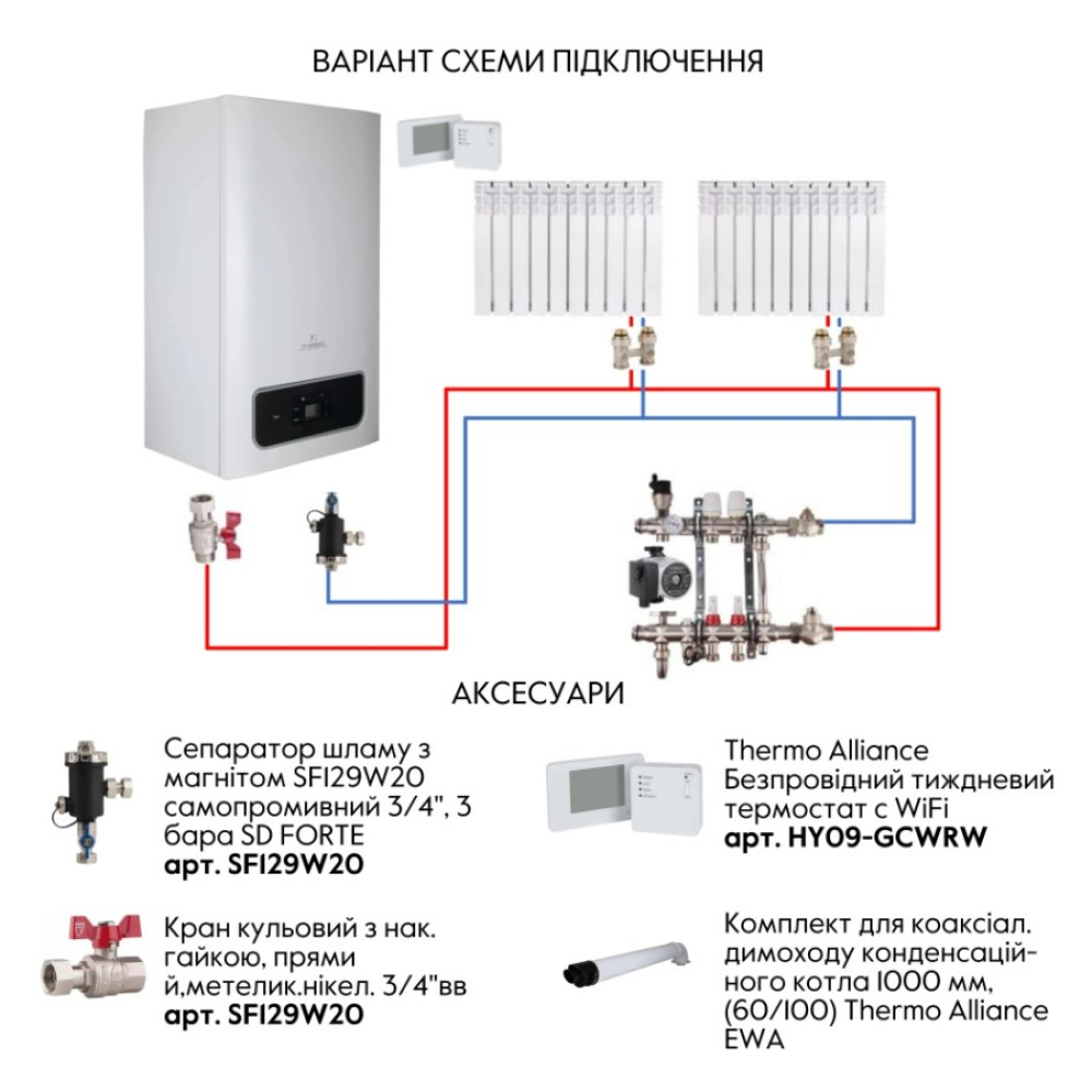Котел газовый Thermo Alliance Ewa 24 кВт, двухконтурный, конденсационный, навесной, с двумя теплообменниками 15311014000002