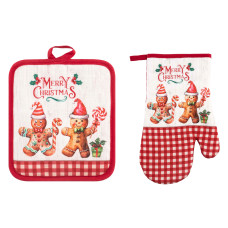 Набор прихваток для кухни Ardesto Christmas Gingerbread 18х20см, 18х30см, 100% полиэстер (верх), 100% хлопок (низ), красный (ART14HG)