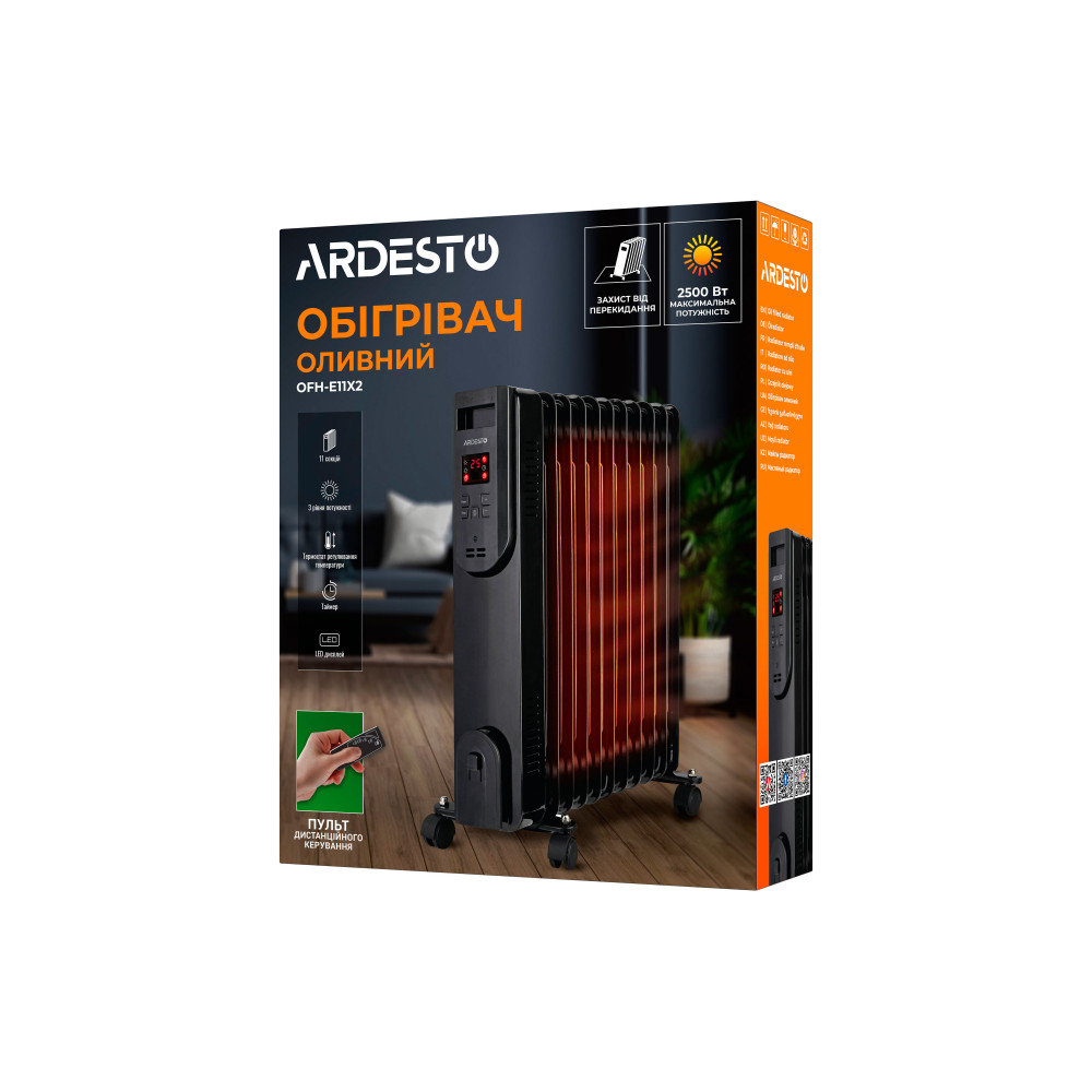 Масляный радиатор Ardesto 2,5 кВт, площадь обогрева 25 кв.м., напольный, черный, 11 секций (OFH-E11X2)