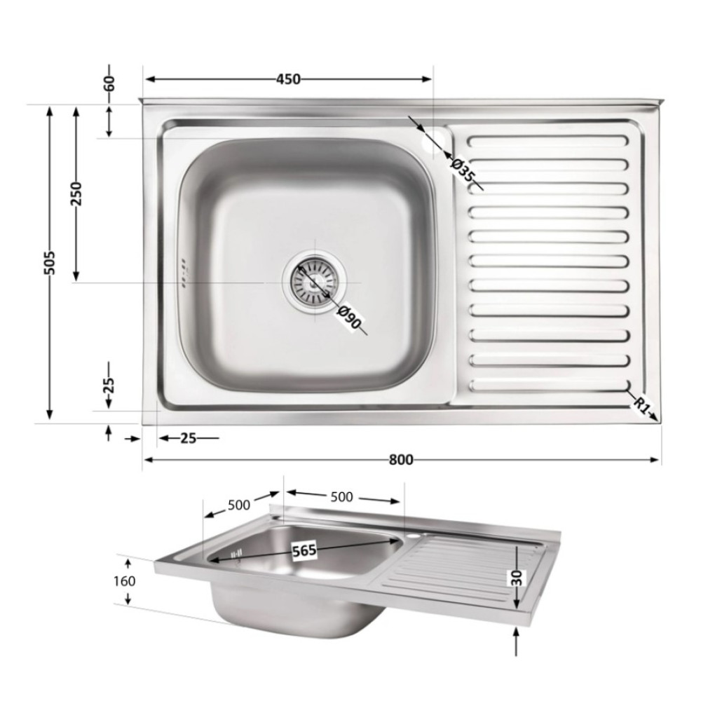 Кухонная мойка Brinex 5080-L 0.6 мм, накладная BRIN5080LSAT06