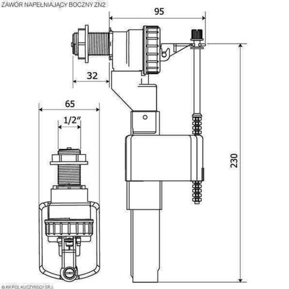 Клапан заповнення K.K.POL ZN2/105- 1/2″ РР, боковий пластик