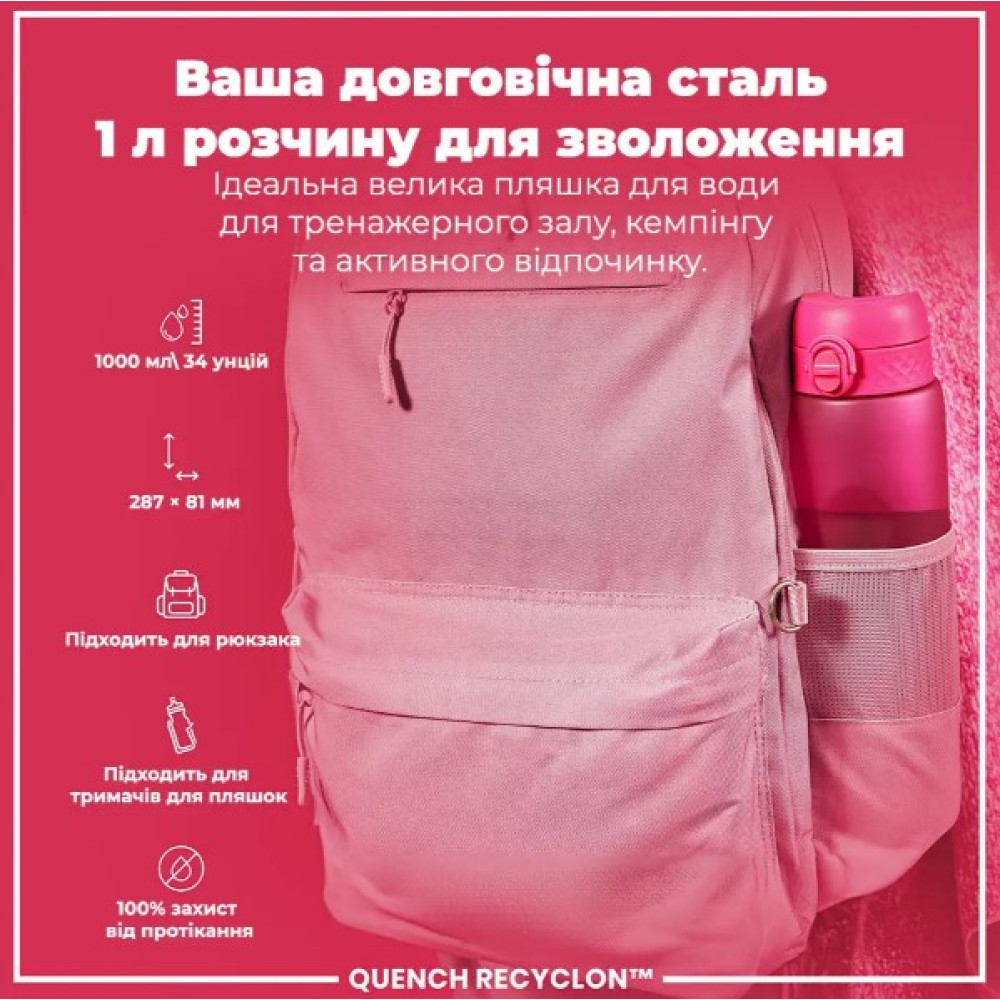 Бутылка для воды ION8 1000 мл (ЭКО бутылка) BPA Free Pink (I8RF1000PIN)