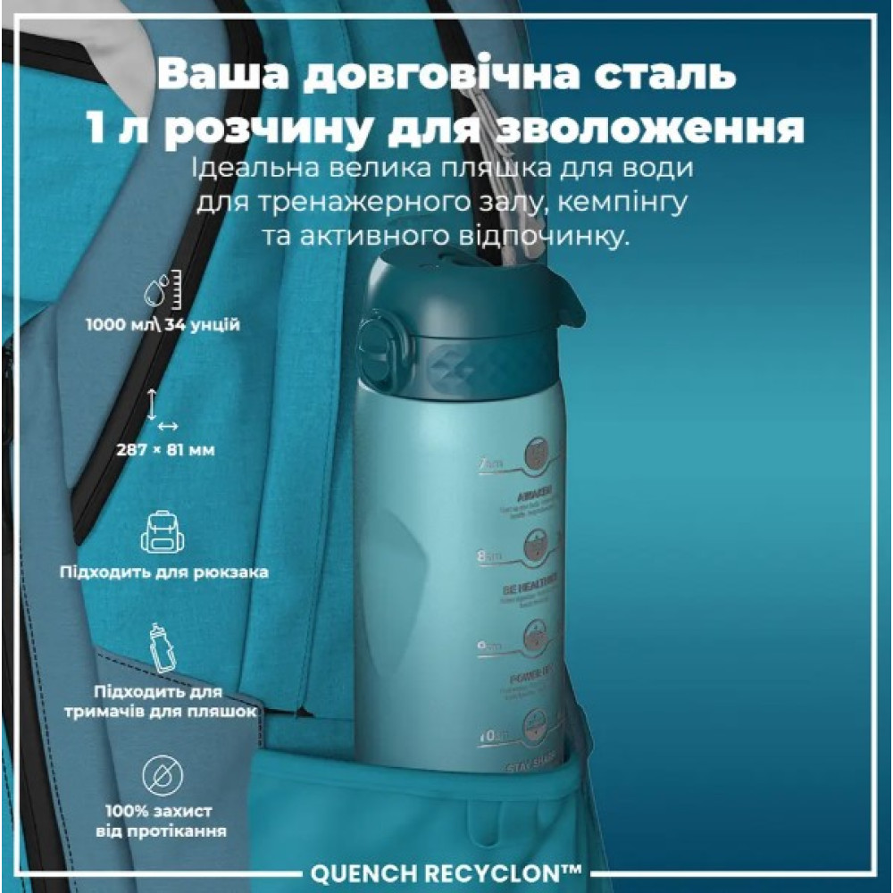 Пляшка для води ION8 1000 мл BPA Free Times To Drink (ЕКО пляшка) Teal & Blue (I8RF1000PTBMOT)