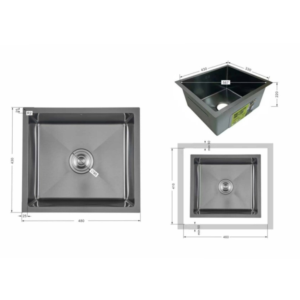 Мойка для кухни встроенная Lidz Handmade H4843B Brushed Black PVD 3,0/1,0 мм LDH4843BRUBLM49440
