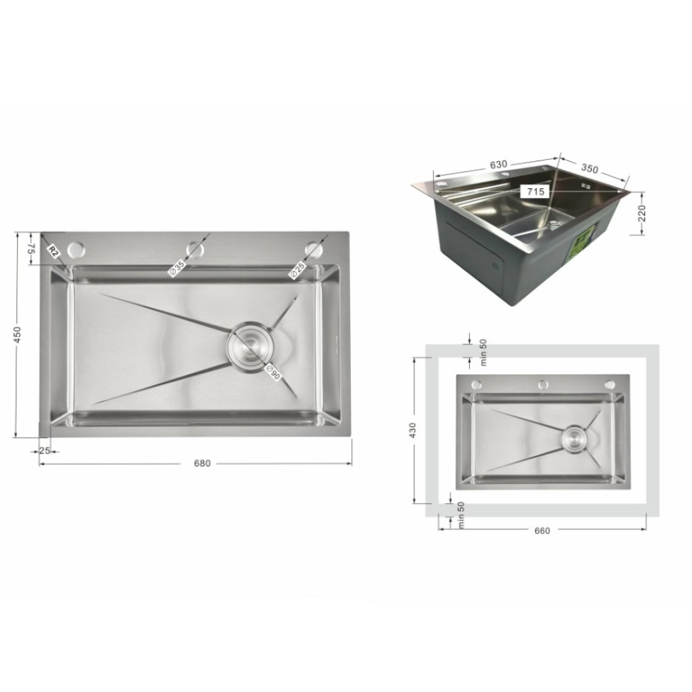 Мойка для кухни встроенная Lidz Handmade H6845 Brushed Steel 3,0/1,0 мм LDH6845BRU49455