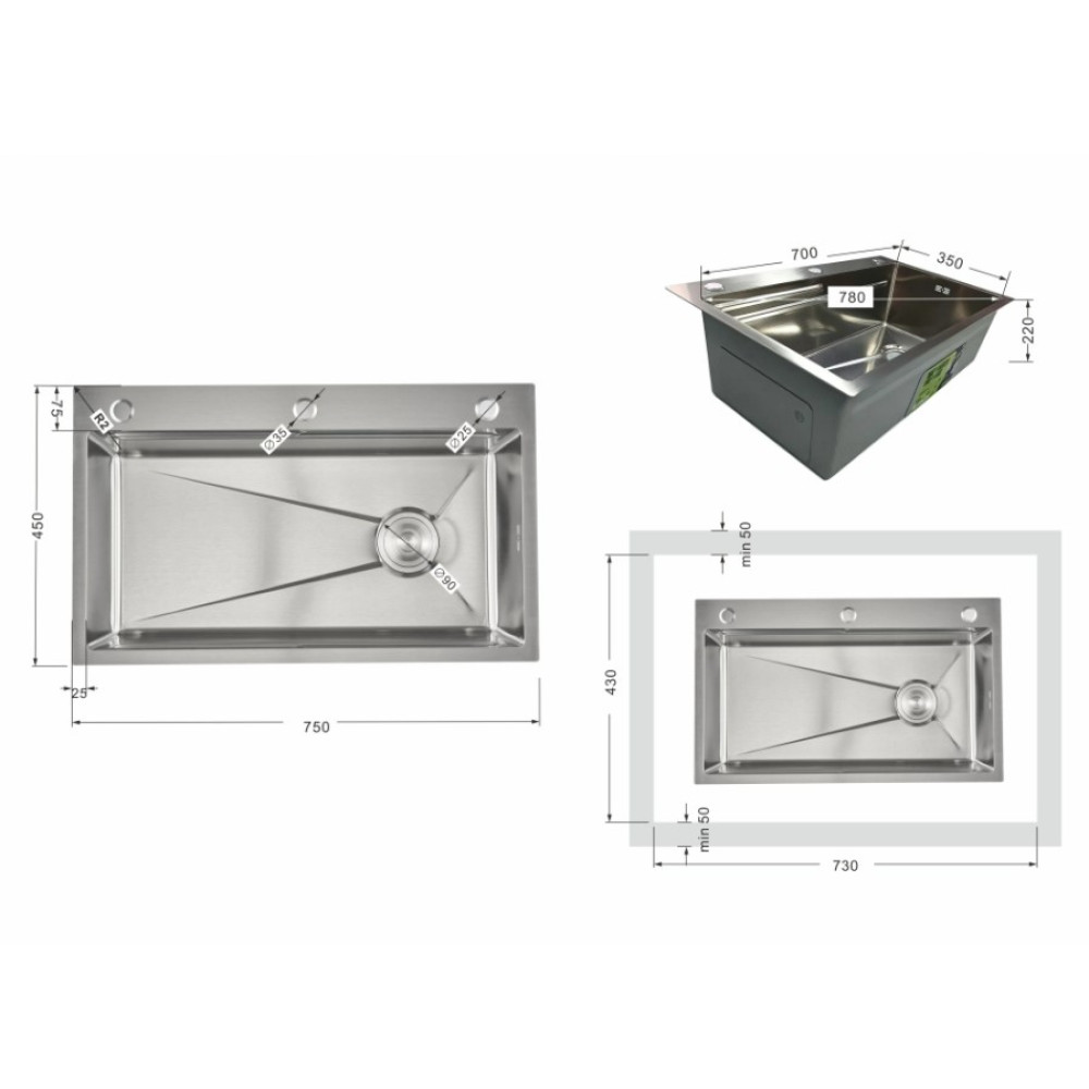 Мийка для кухні інтегрована Lidz Handmade H7545 Brushed Steel 3,0/1,0 мм LDH7545BRU49457