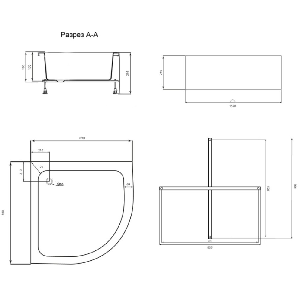 Душевой поддон Lidz Kapielka ST90x90x26, полукруглый LKAST909026