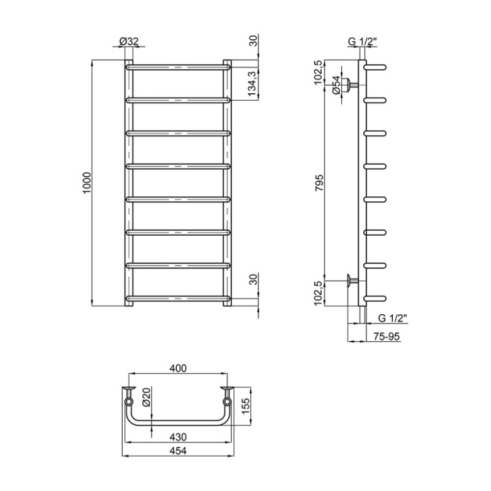 Водяна сушарка для рушників Lidz Standard (CRM) D32/20х1/2" 400x1000 P8