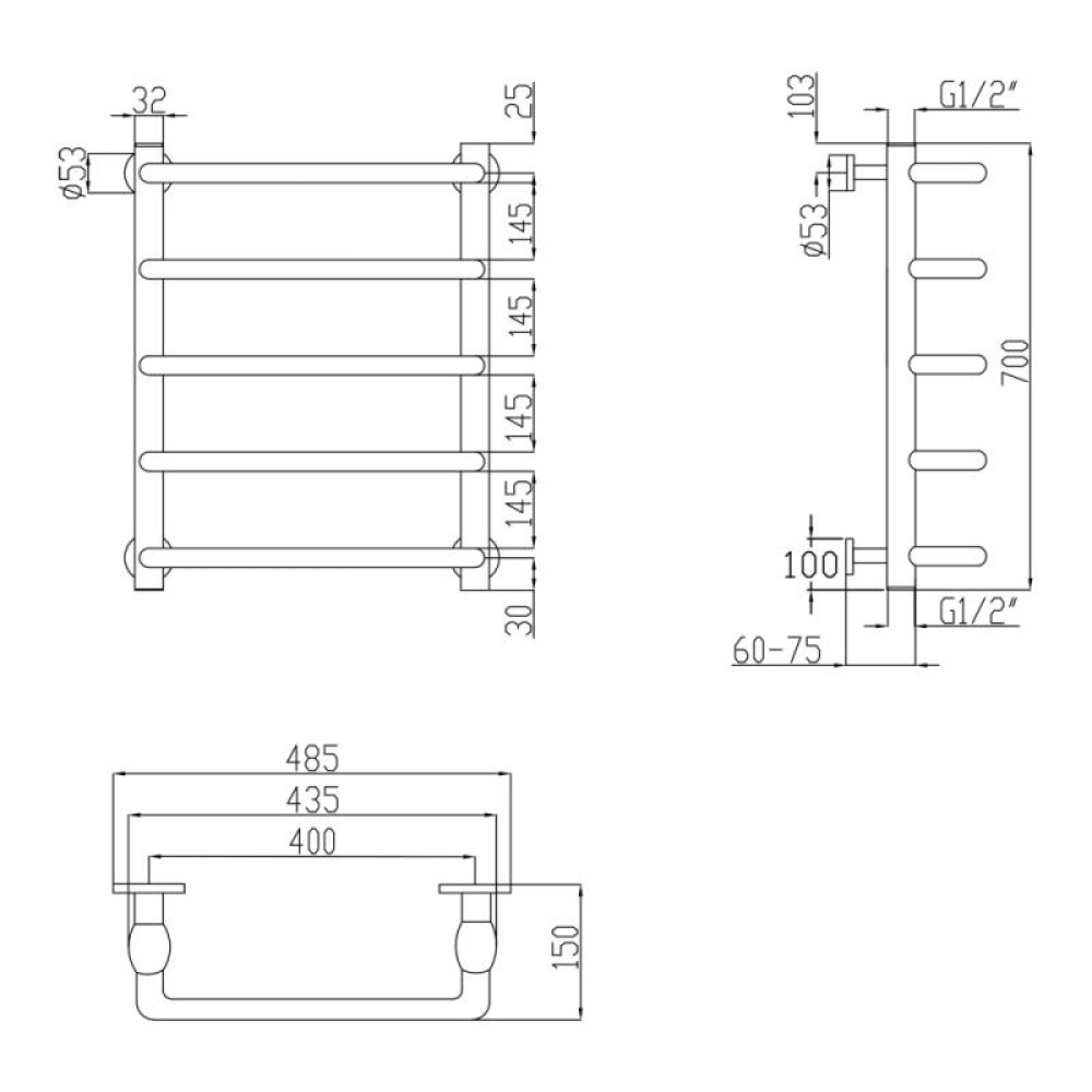 Водяний полотенцесушитель Lidz Standard (CRM) D32 / 20х1 / 2 "400x700 P5