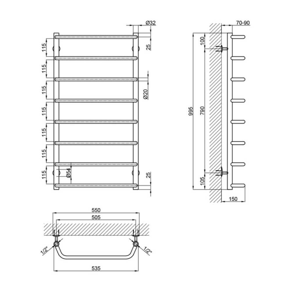 Водяна сушарка для рушників Lidz Standard (CRM) D32/20х1/2" 500x1000 P8