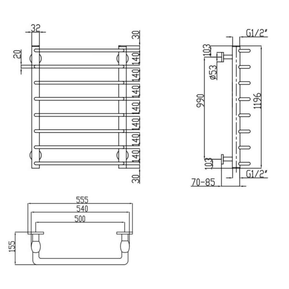 Водяний полотенцесушитель Lidz Standard (CRM) D32 / 20х1 / 2 "500x1200 P8