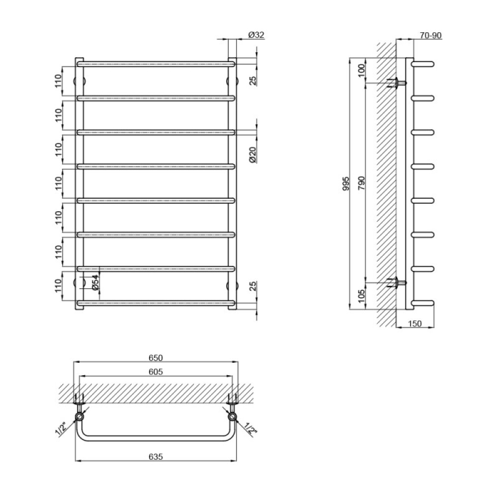 Водяна сушарка для рушників Lidz Standard (CRM) D32/20х1/2" 600x1000 P8