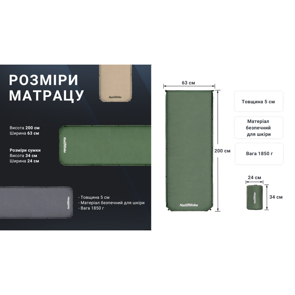 Матрац cамонадувний Naturehike NH20DZ003, 5 см, темно-зелений (6927595773680)