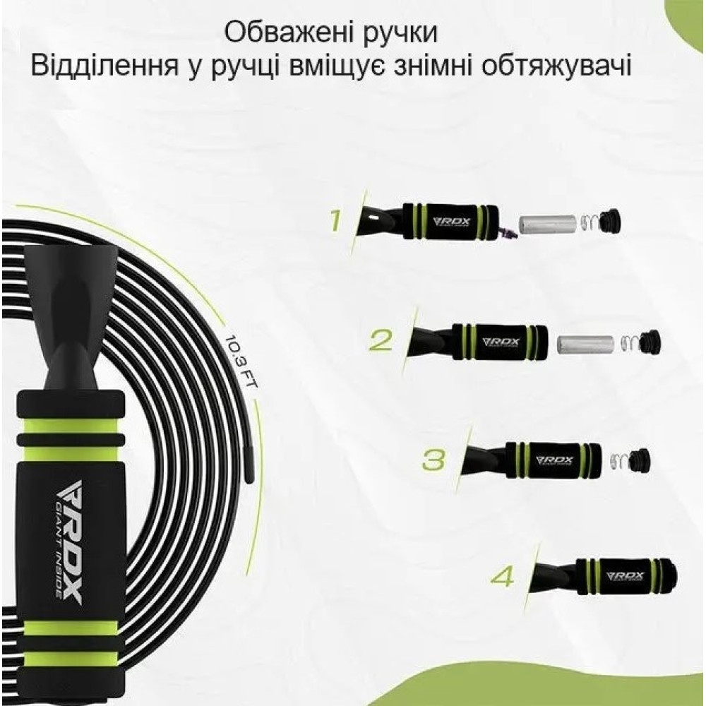 Скакалка швидкісна RDX X2 з обтяжувачами Green 3 м (SRPF-X2GN-10.3FT)