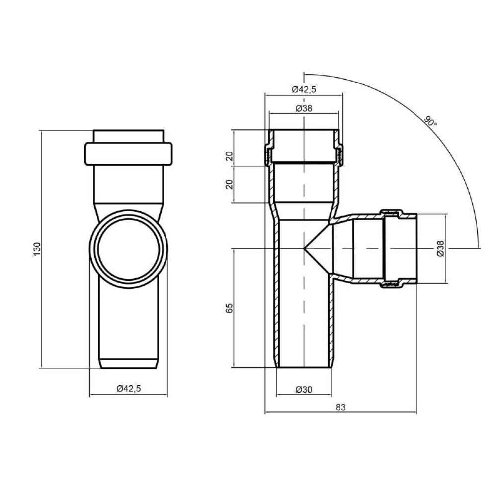 Тройник канализационный TA Sewage 32, 90° TASTRPP9032