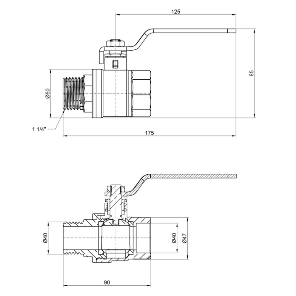Кран кульовий Thermo Alliance Base 1 1/4" ВЗ прямий, PN30, важіль SD605W32