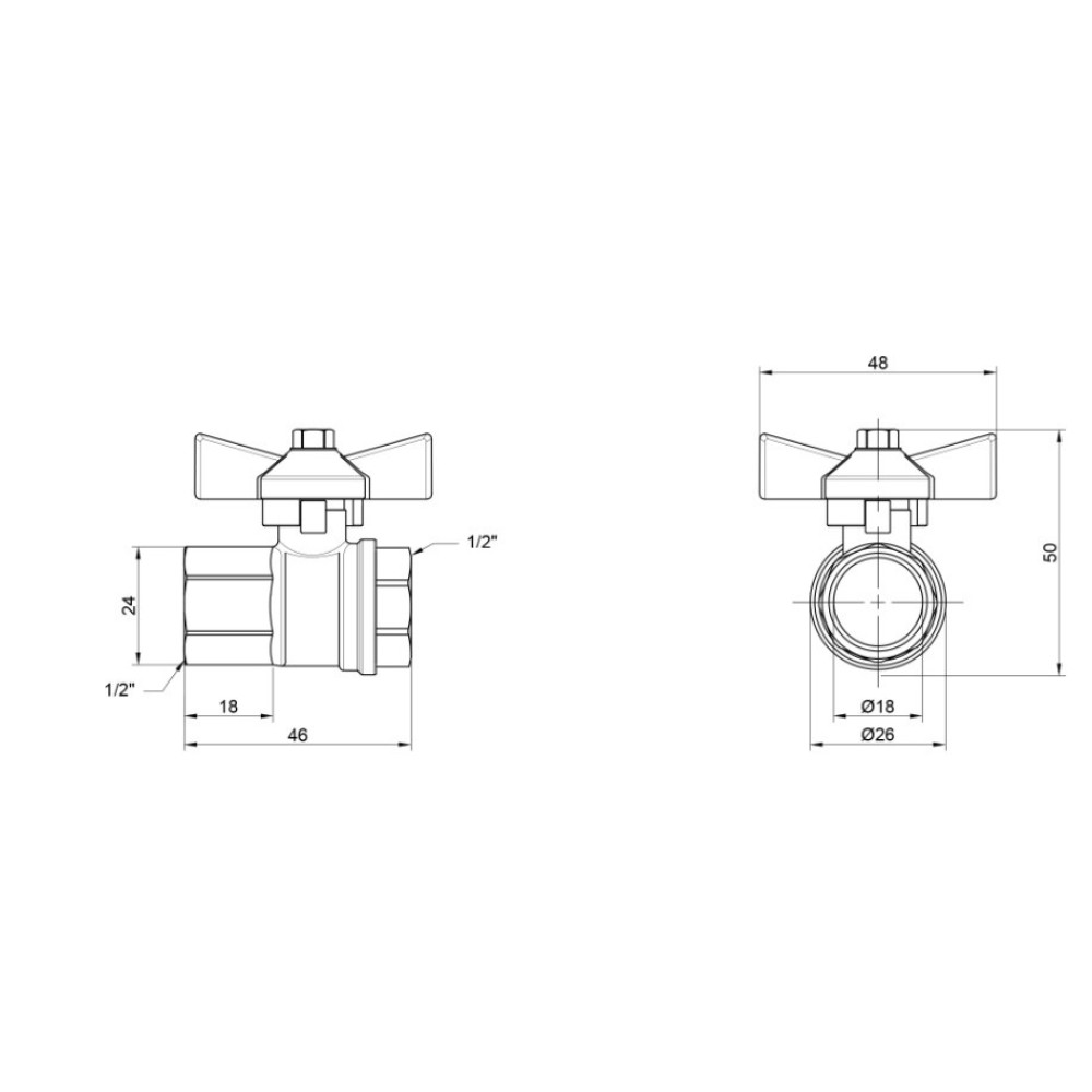 Кран кульовий Thermo Alliance Base 1/2" ВВ прямий, PN40, метелик SD602W15