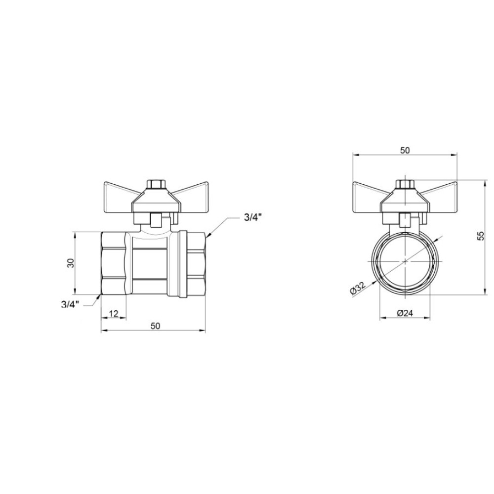 Кран кульовий Thermo Alliance Base 3/4" ВВ прямий, PN40, метелик SD602W20