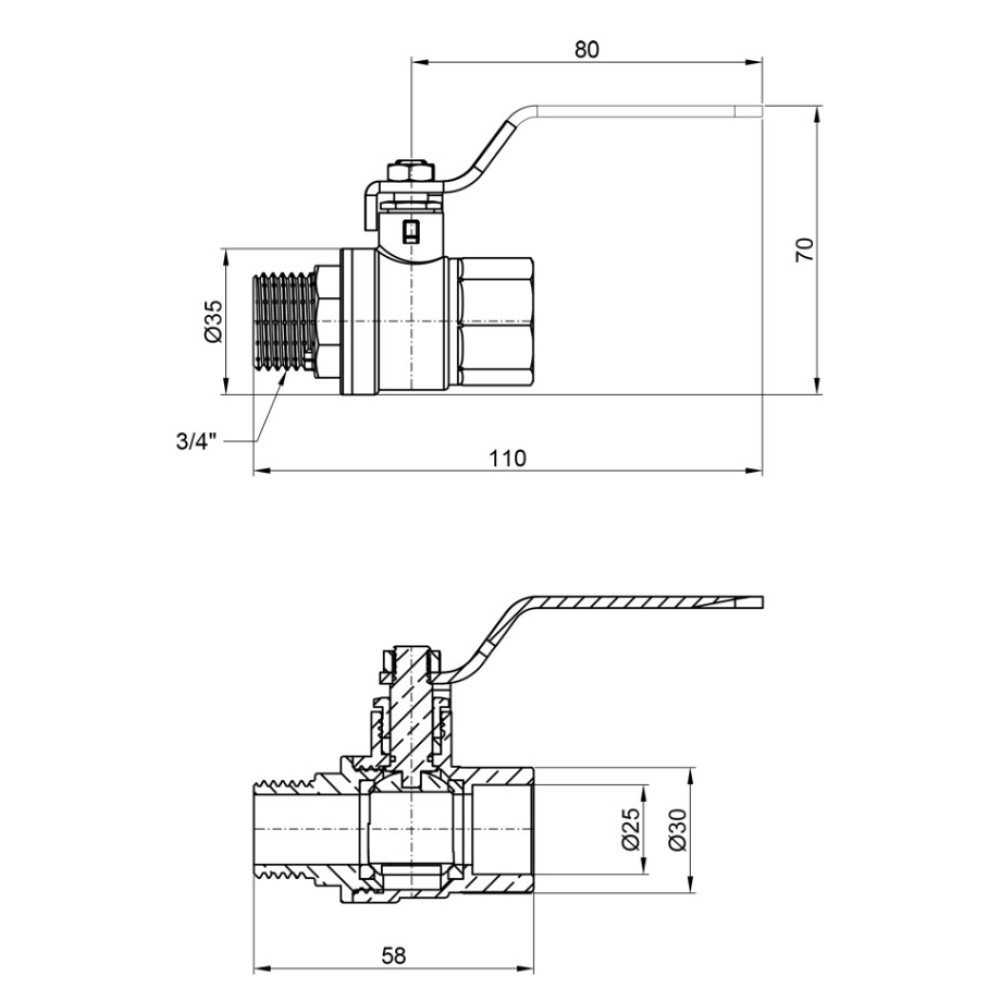 Кран кульовий Thermo Alliance Base 3/4" ВЗ прямий, PN40, важіль SD605W20