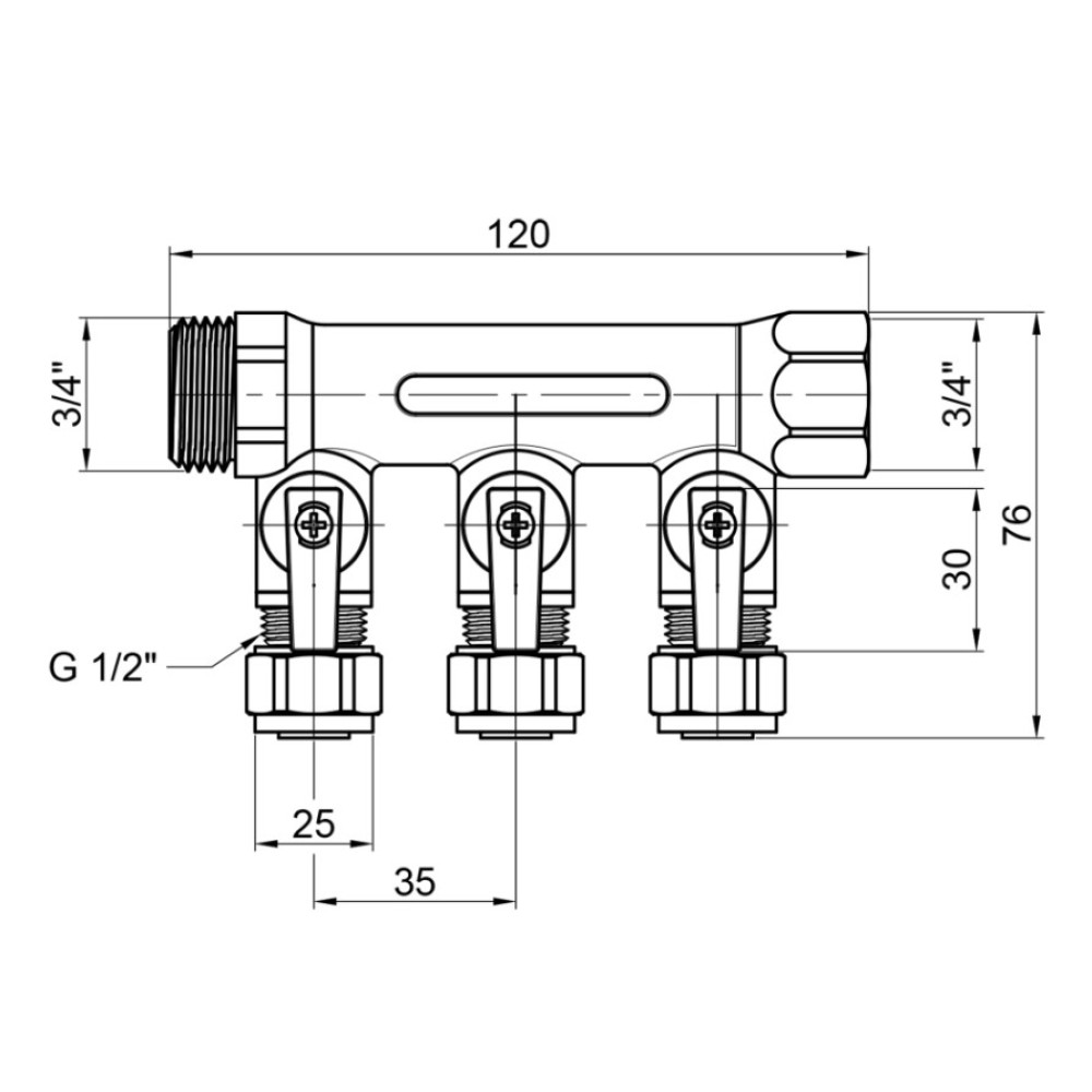 Коллектор под фитинг Thermo Alliance Standart 3/4" ВН (3 вых) шаровой кран SD231W3