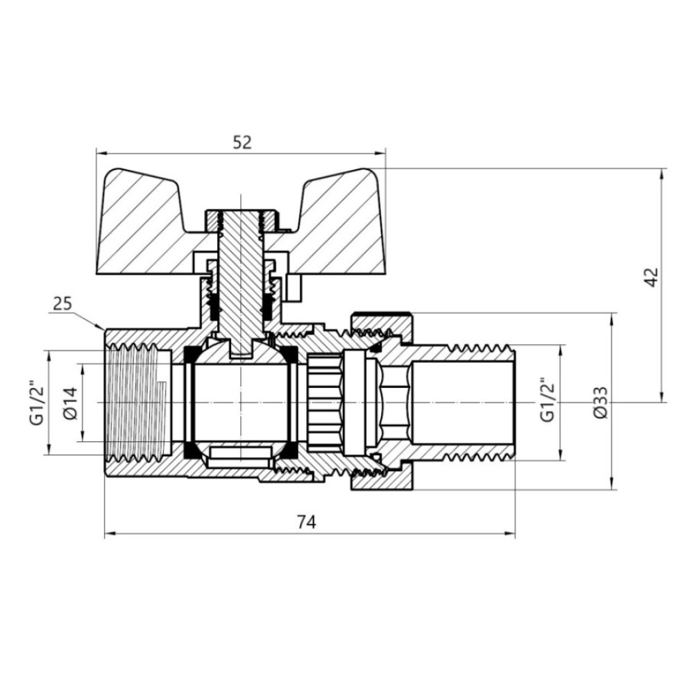 Кран кульовий "Американка" Thermo Alliance Standart 1/2" ВЗ прямий, PN40, метелик SD220W15
