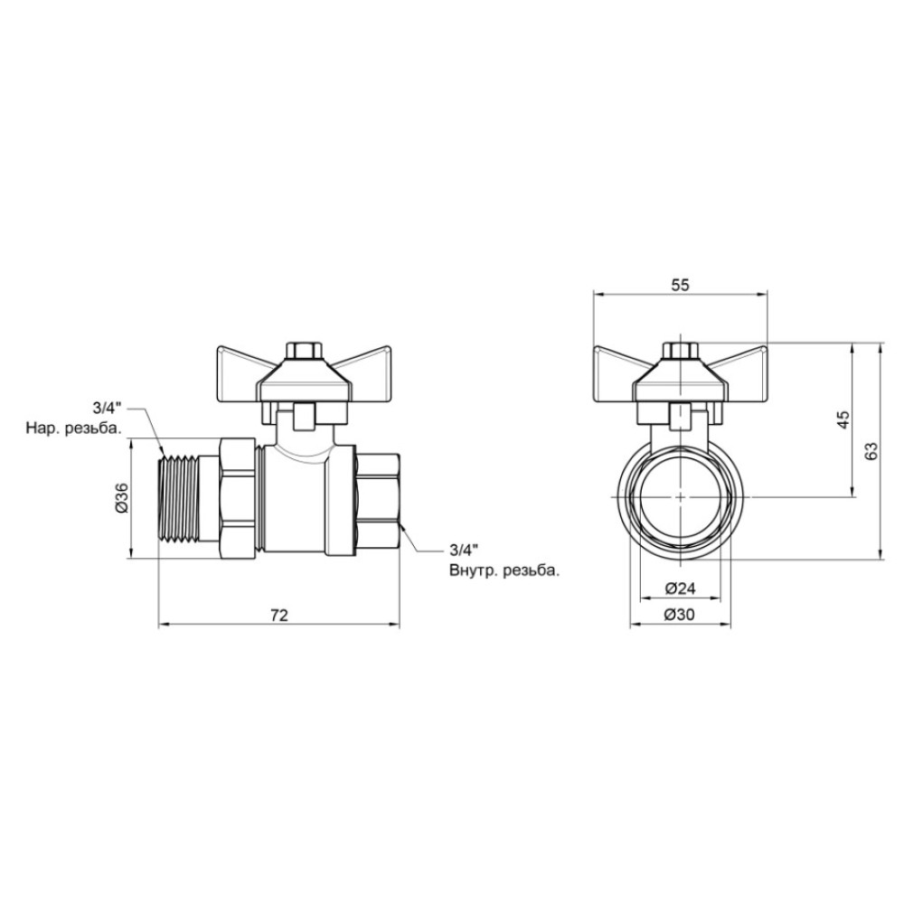 Кран кульовий "Американка" Thermo Alliance Base 3/4" ВЗ прямий, PN40, метелик SD221W20