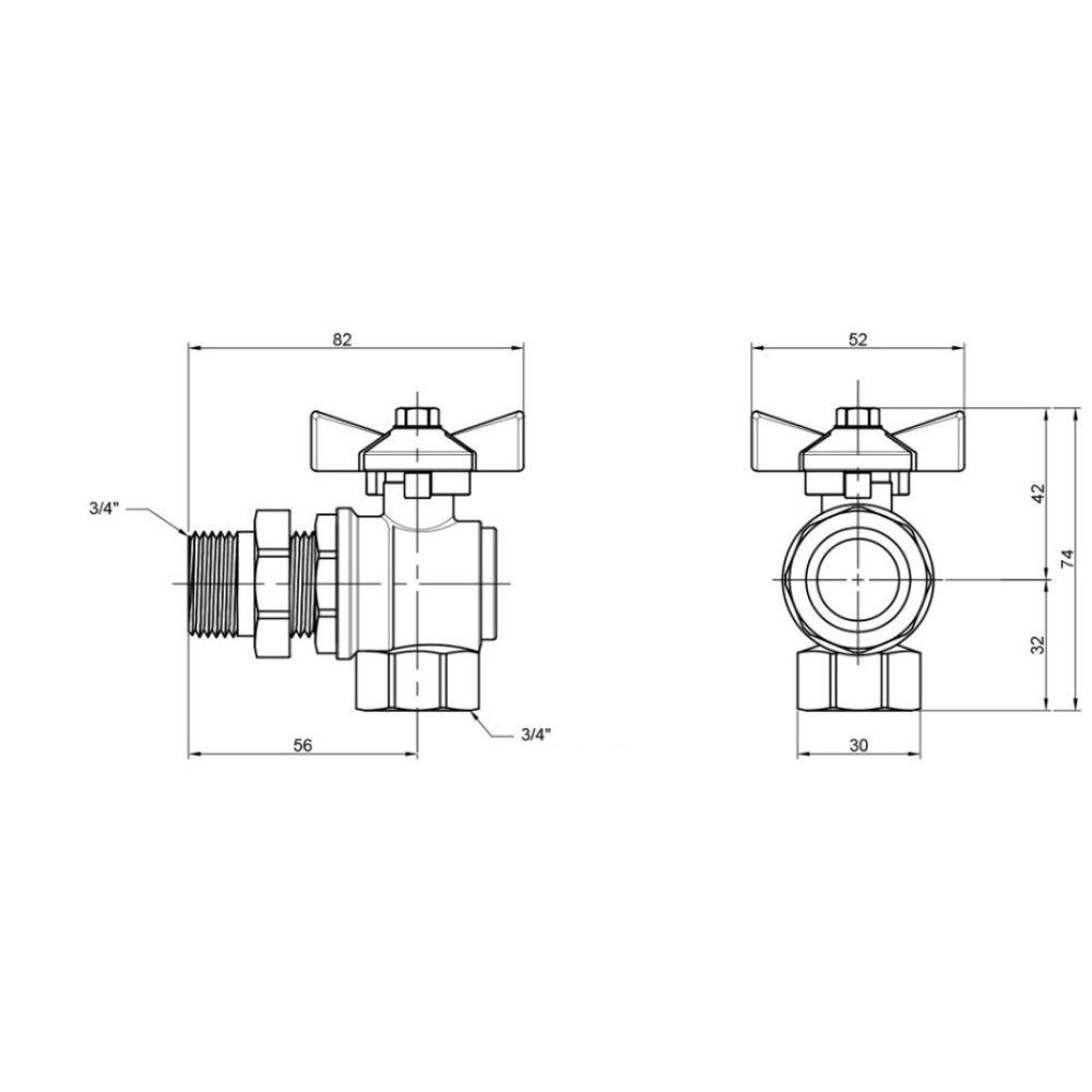 Кран кульовий "Американка" Thermo Alliance Standart 3/4" ВЗ кутовий, PN40, метелик SD222W20