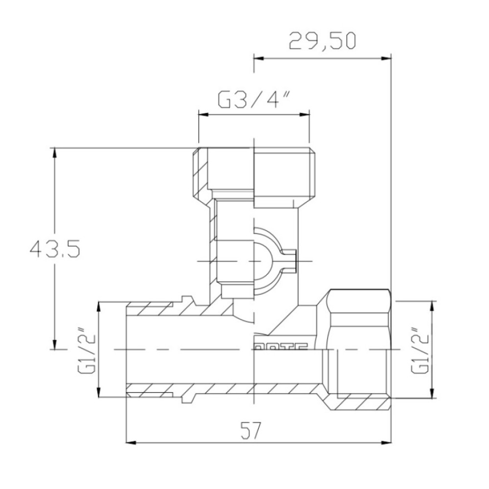 Кран шаровой приборный Thermo Alliance Forte 1/2"Зх3/4"Зх1/2 В трехходовой, PN40 SF186W152015