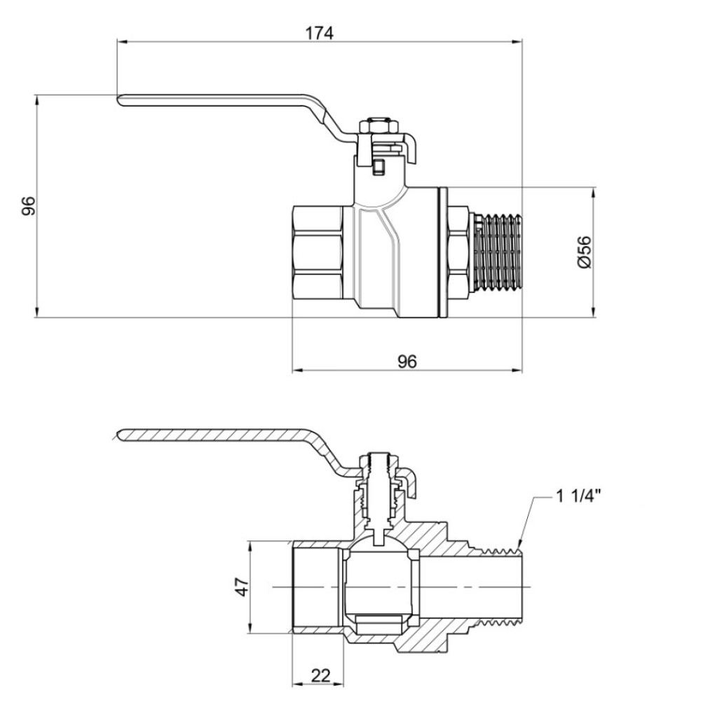 Кран кульовий Thermo Alliance Forte 1 1/4" ВЗ прямий, PN40, важіль SF605W32