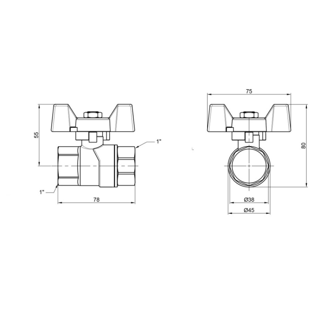 Кран кульовий Thermo Alliance Forte 1" ВВ прямий, PN40, метелик SF602W25