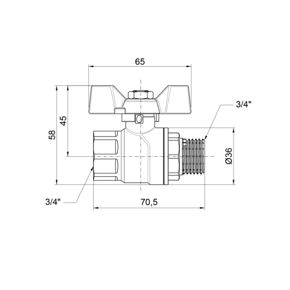 Кран кульовий Thermo Alliance Forte 3/4" ВЗ прямий, PN40, метелик SF607W20