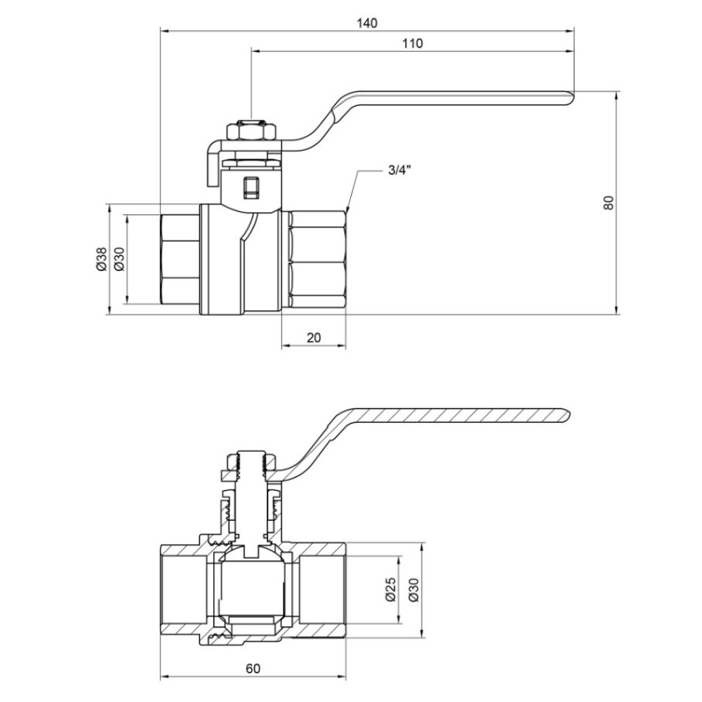 Кран кульовий Thermo Alliance Forte 3/4" ВВ прямий, PN40, важіль SF600W20