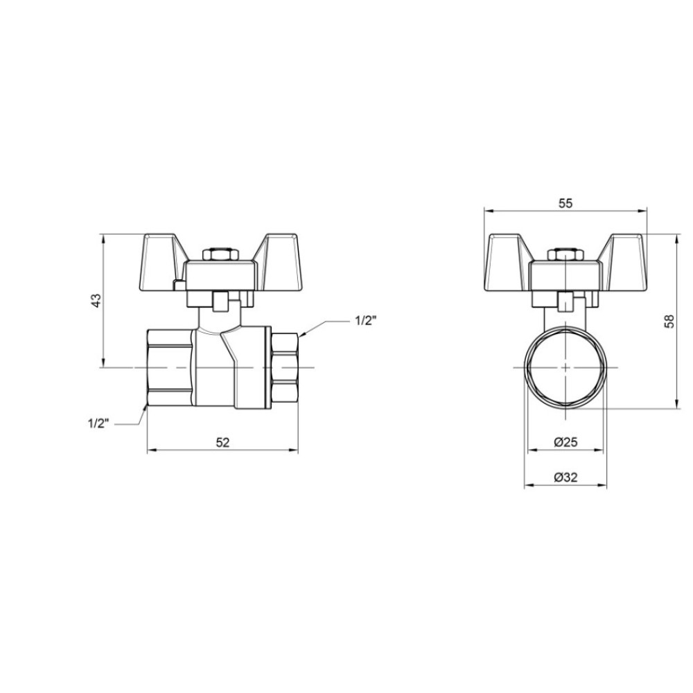 Кран кульовий Thermo Alliance Forte 1/2" ВВ прямий, PN40, метелик SF602W15
