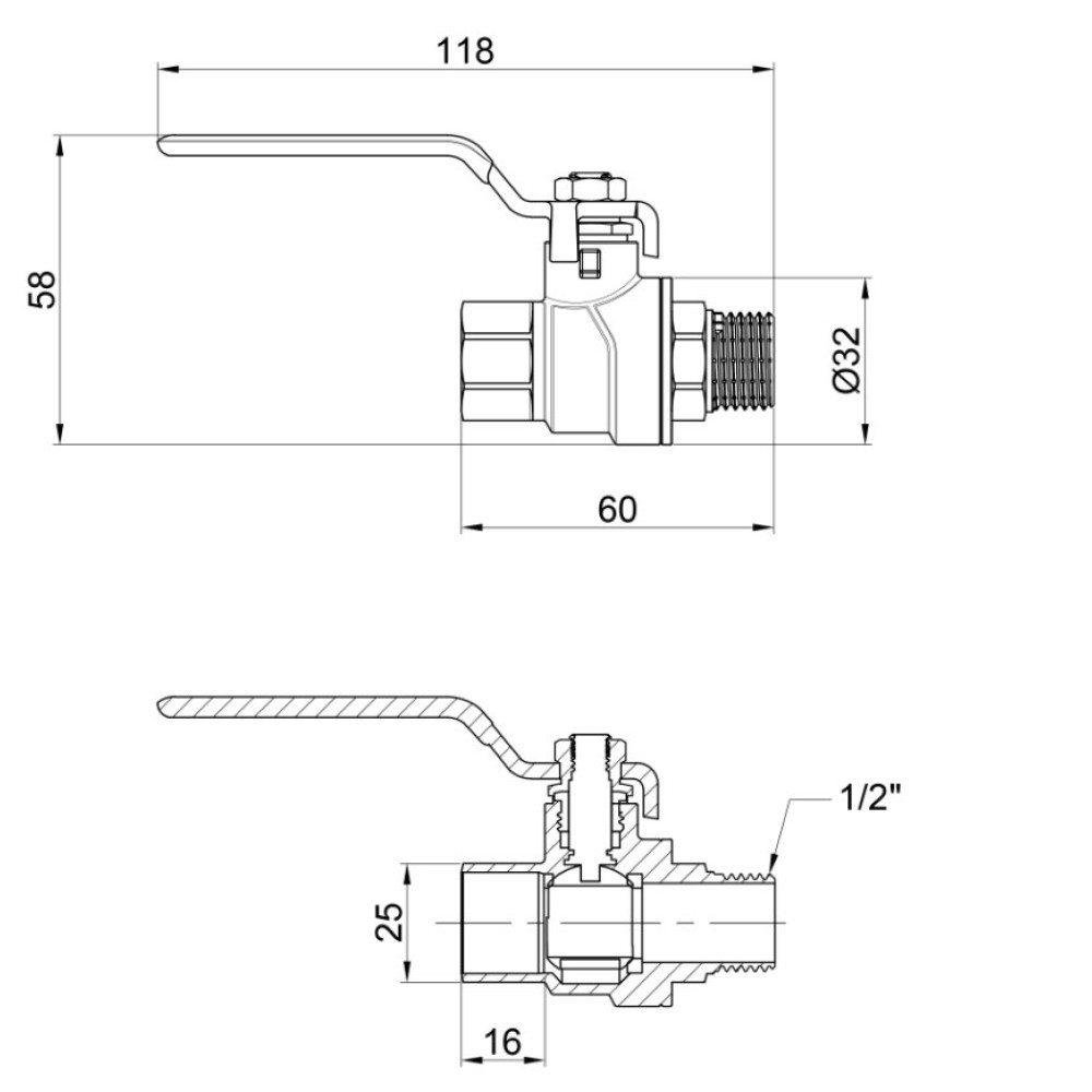 Кран кульовий Thermo Alliance Forte 1/2" ВЗ прямий, PN40, важіль SF605W15