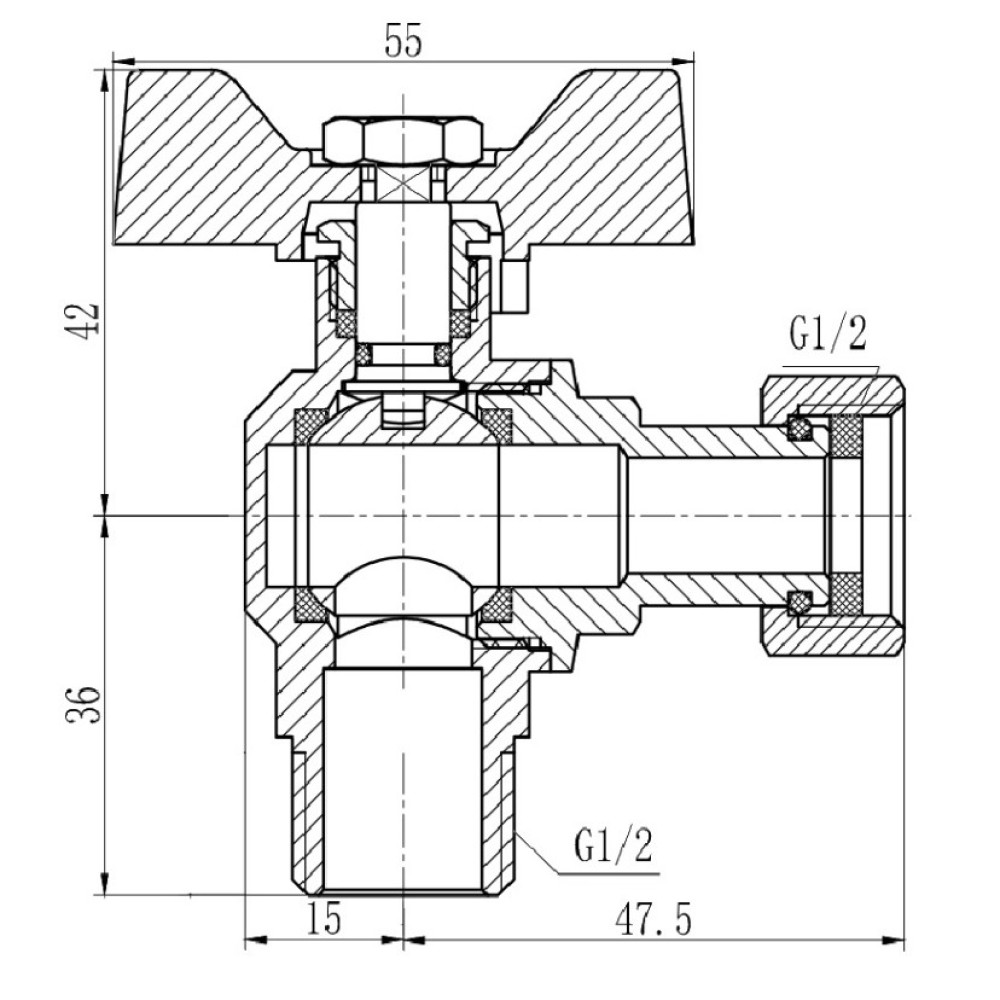 Кран кульовий Thermo Alliance Forte 1/2" ВЗ кутовий, PN40, з накидною гайкою, метелик SF224W15