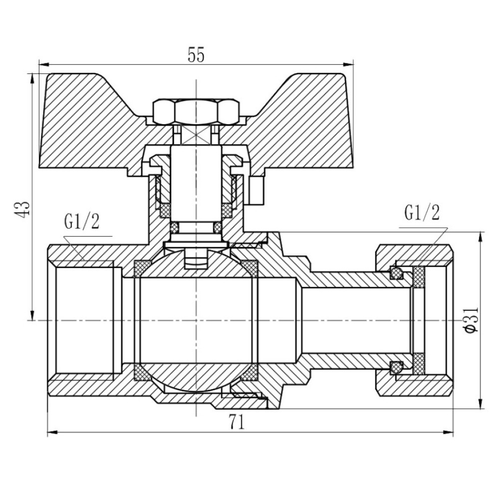 Кран шаровой Thermo Alliance Forte 1/2" ВВ прямой, PN40, с накидной гайкой, бабочка SF260W15
