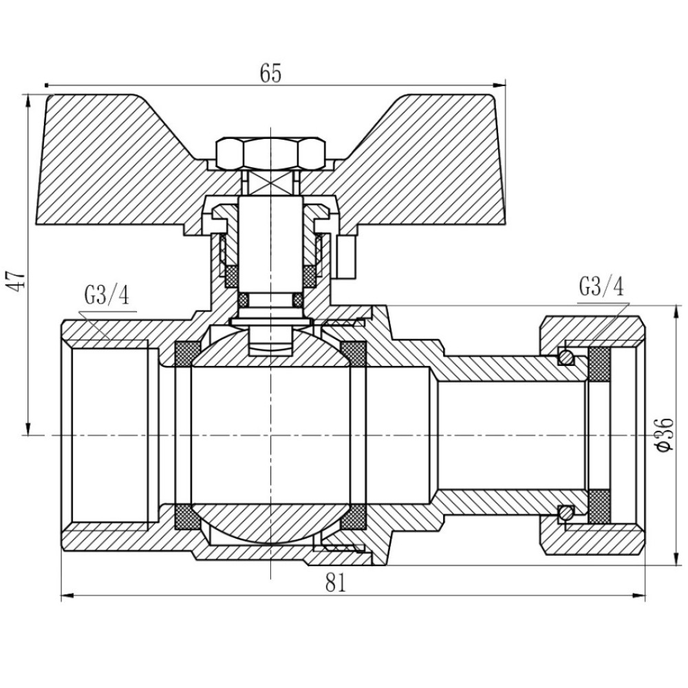Кран шаровой Thermo Alliance Forte 3/4" ВВ прямой, PN40, с накидной гайкой, бабочка SF260W20