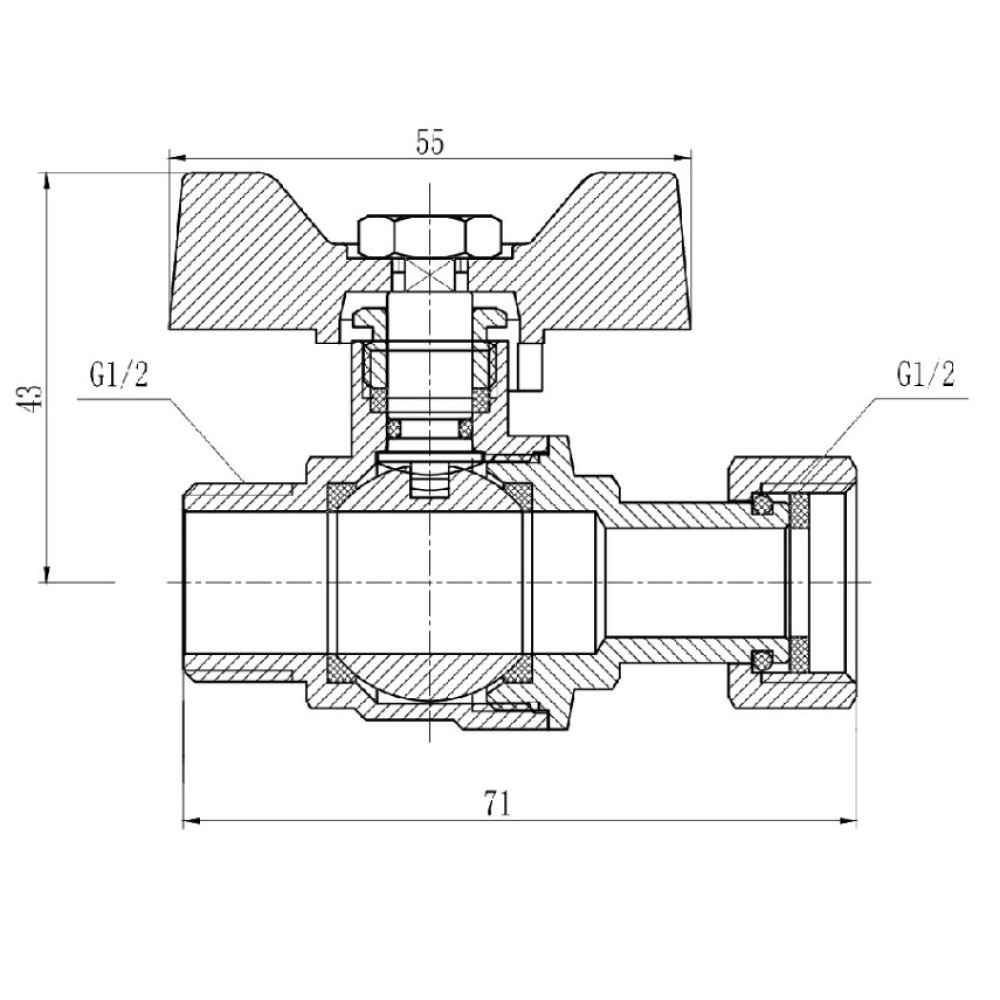 Кран кульовий Thermo Alliance Forte 1/2" ВЗ прямий, PN40, з накидною гайкою, метелик SF261W15