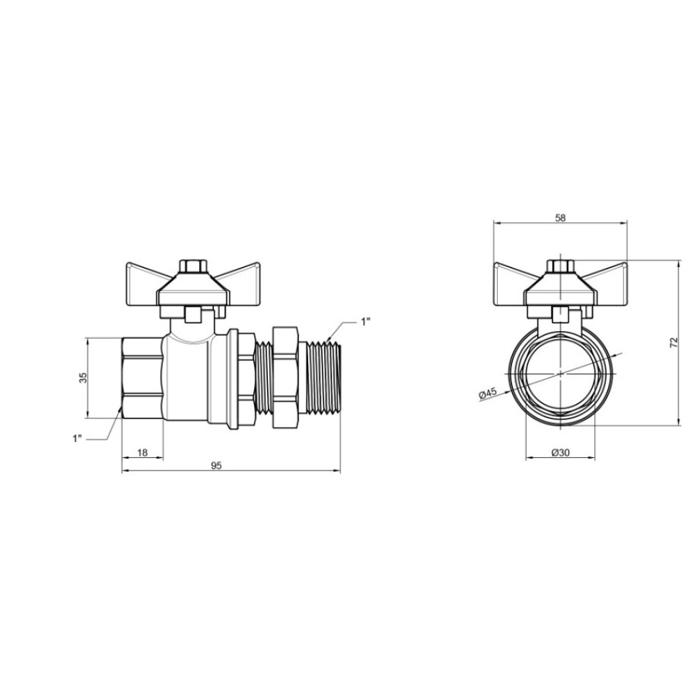 Кран шаровой "Американка" Thermo Alliance Standart 1" ВЗ прямой, PN40, бабочка SD220W25