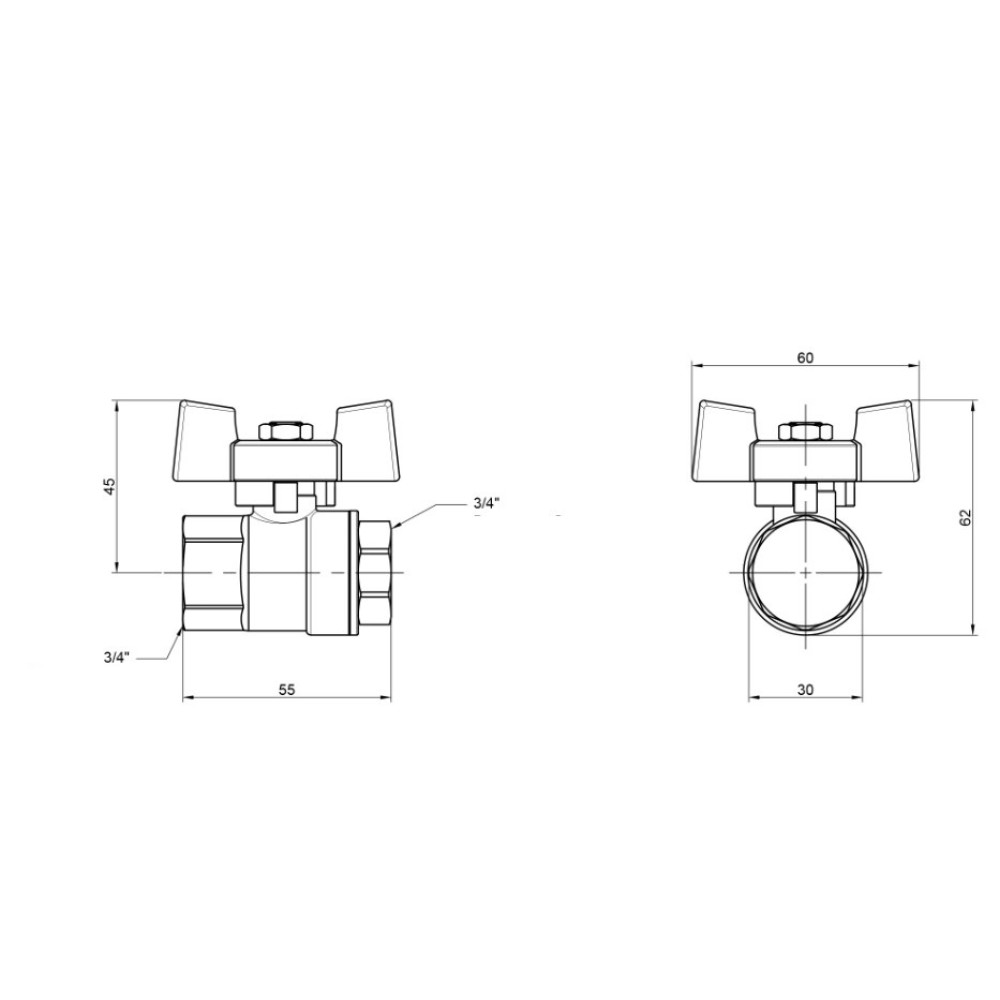 Кран кульовий Thermo Alliance Standart 3/4" ВВ прямий, PN40, метелик SD602NW20PN40