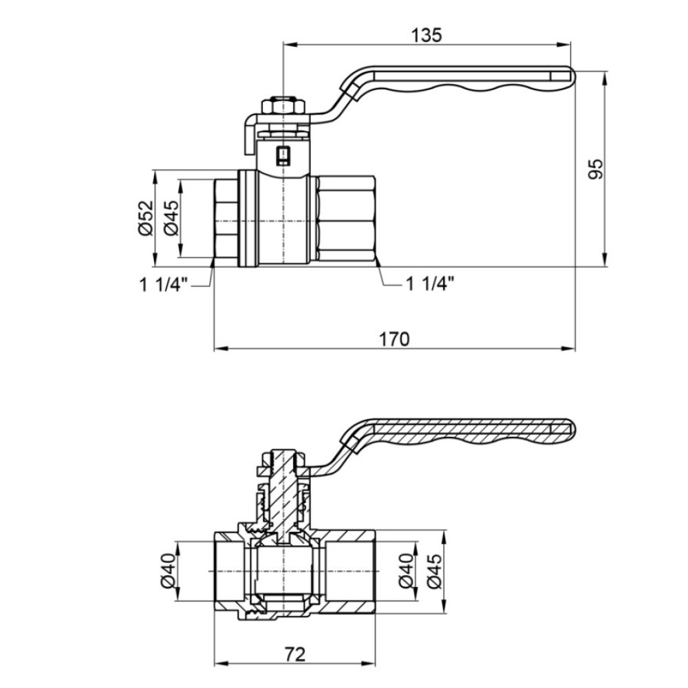 Кран кульовий Thermo Alliance Standart 1 1/4" ВВ прямий, PN40, важіль SD600NW32PN40
