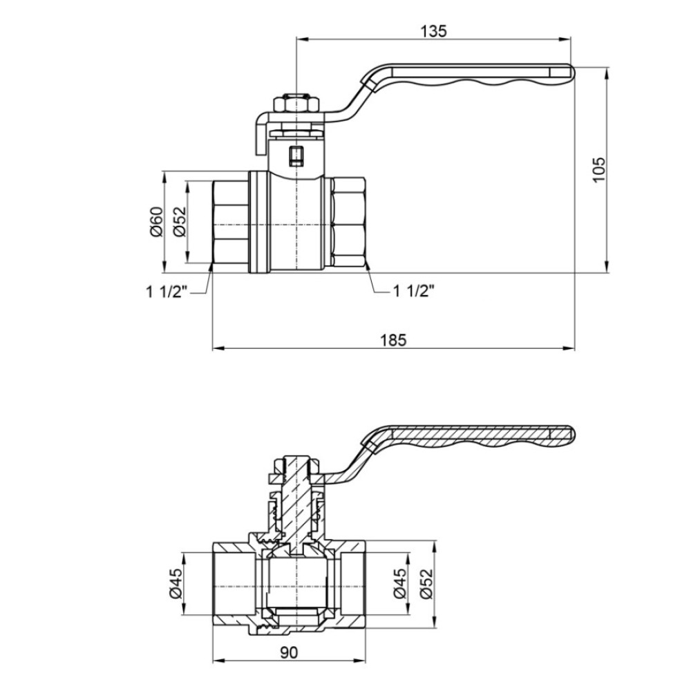 Кран кульовий Thermo Alliance Standart 1 1/2" ВВ прямий, нікель, PN40, важіль SD600NW40PN40