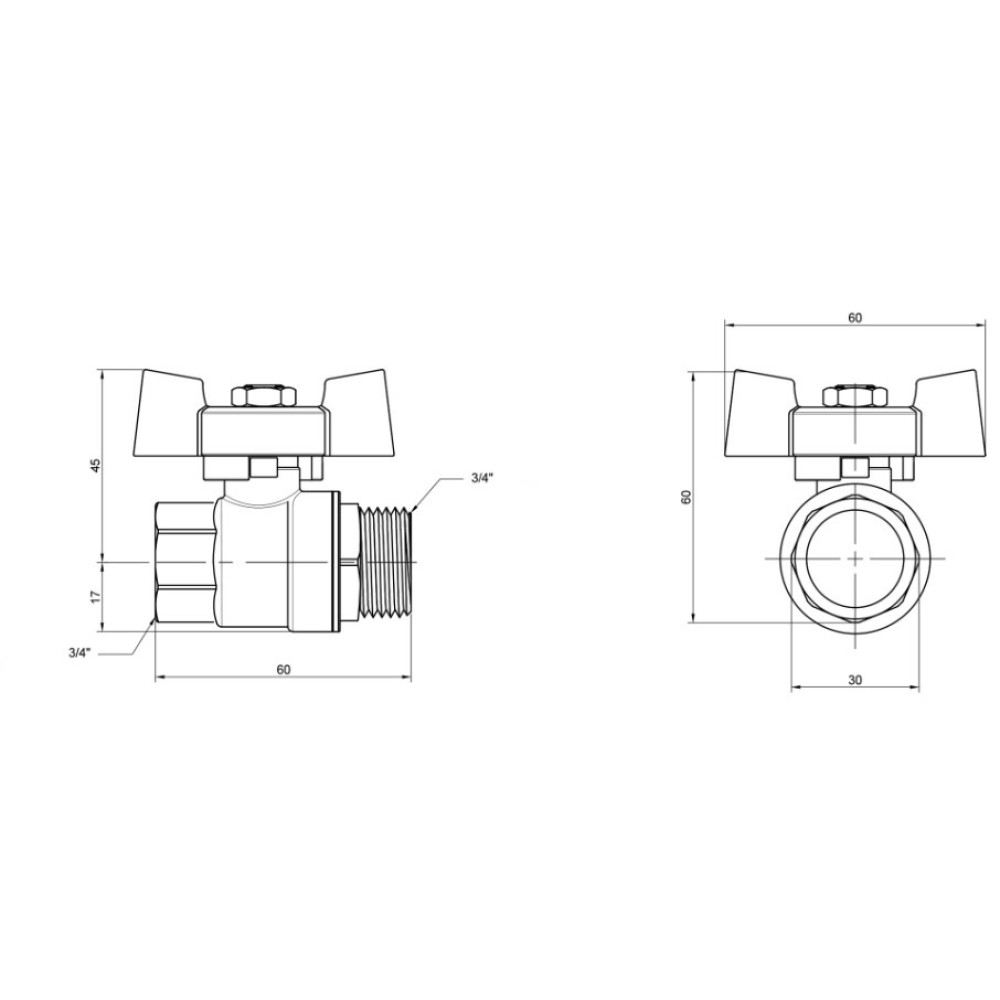 Кран кульовий Thermo Alliance Standart 3/4" ВЗ прямий, PN40, метелик SD607NW20PN40