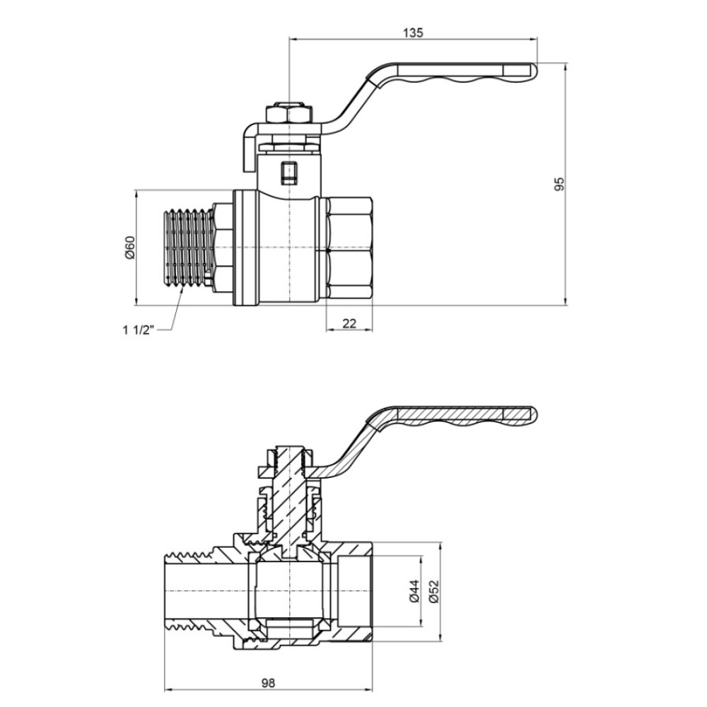 Кран кульовий Thermo Alliance Standart 1 1/2" ВЗ прямий, нікель, PN40, важіль SD605NW40PN40