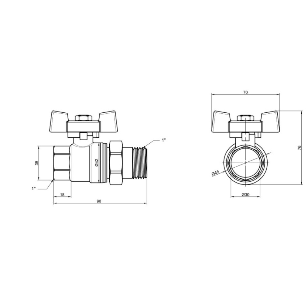 Кран шаровой "Американка" Thermo Alliance Standart 1" ВН прямой, латунь, PN40, бабочка SD220NW25PN40